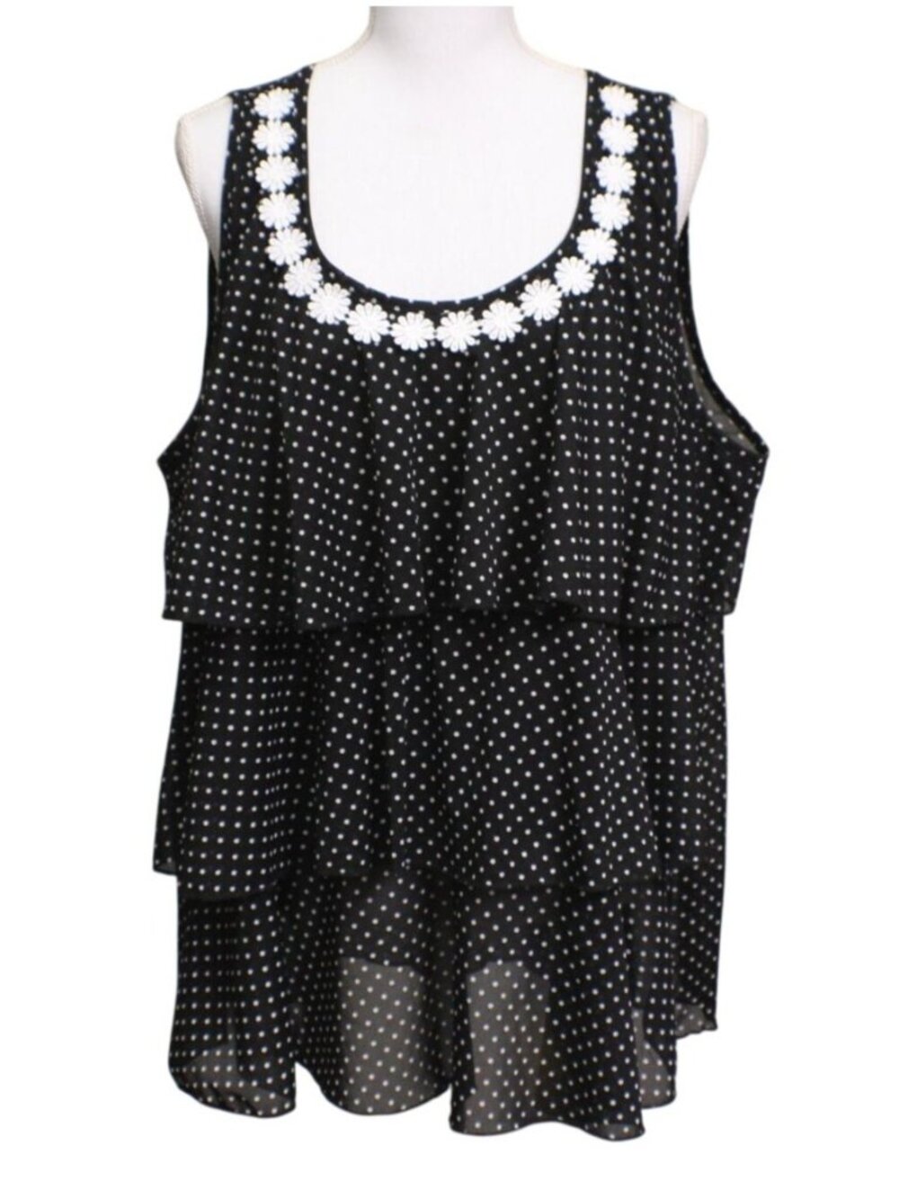 Polka Dot Tiered Sleeveless Blouse Size 4X Daisy Embroidery Neckline Black White